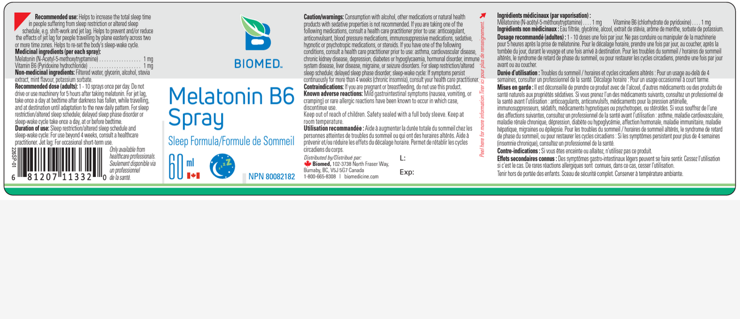 Mélatonine B6 Spray 60 ml (360 pulvérisations)